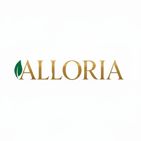 ALLORIA Logo with Green Leaf